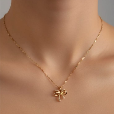 Elegant Gold-Tone Bow Crystal Pendant Necklace