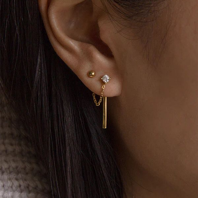 Minimalist Gold-Tone Crystal Chain Drop Stud Earrings