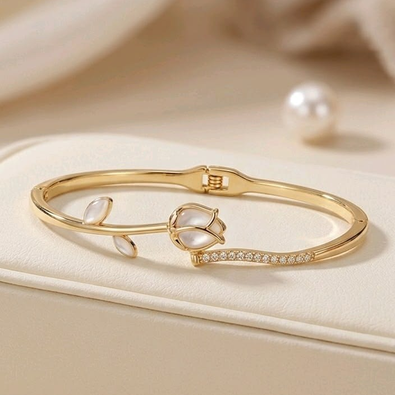 Elegant Gold-Tone Pearl Flower Crystal Bangle